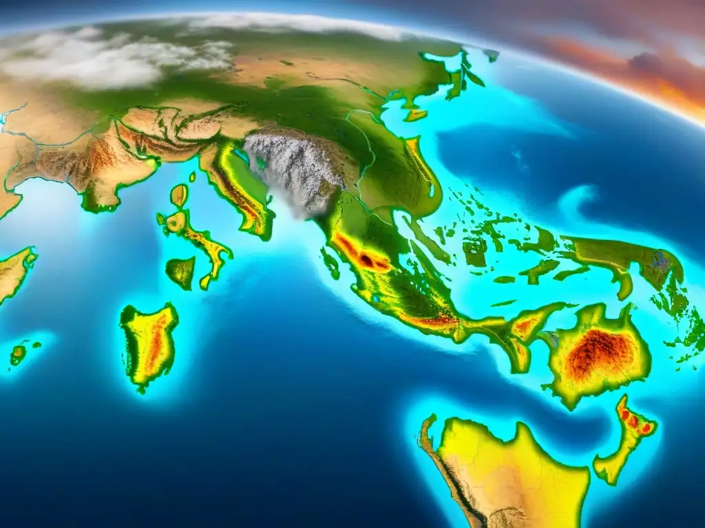 Mapa detallado en sepia de zonas de desastre natural, mostrando patrones de fallos, huracanes, tsunamis y volcanes