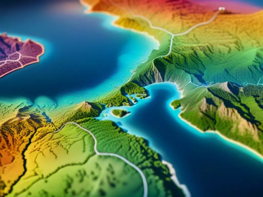 Mapa digital detallado en sepia con innovación en cartografía digital: topografía, ríos, bosques y ciudades destacados en colores vibrantes