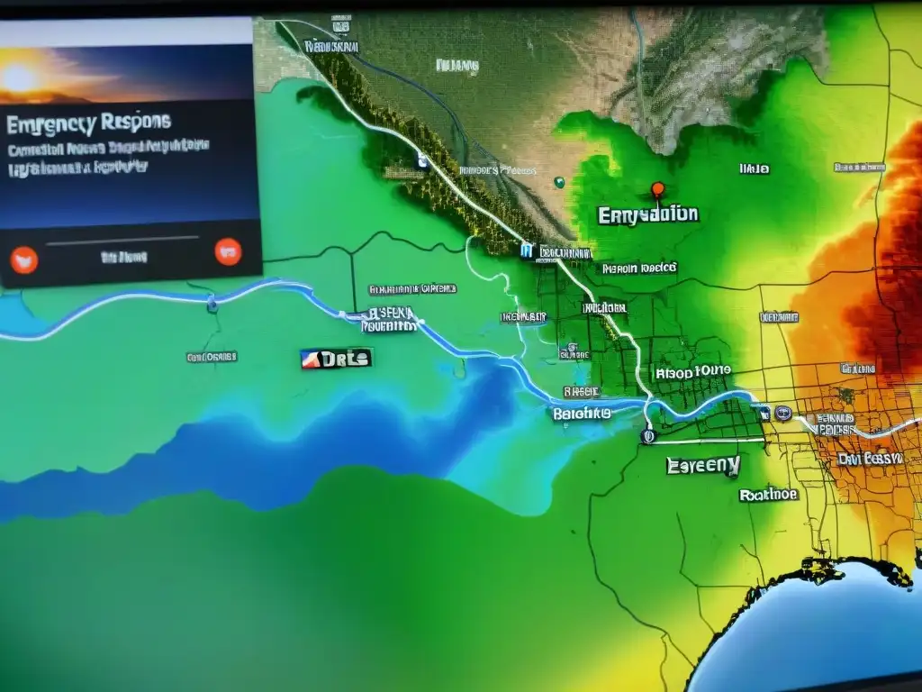 Mapa digital detallado en sepia de gestión de emergencias durante desastre natural