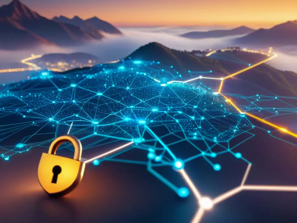 Mapa digital futurista con iconos de seguridad, representando las mejores prácticas de seguridad de datos en proyectos SIG