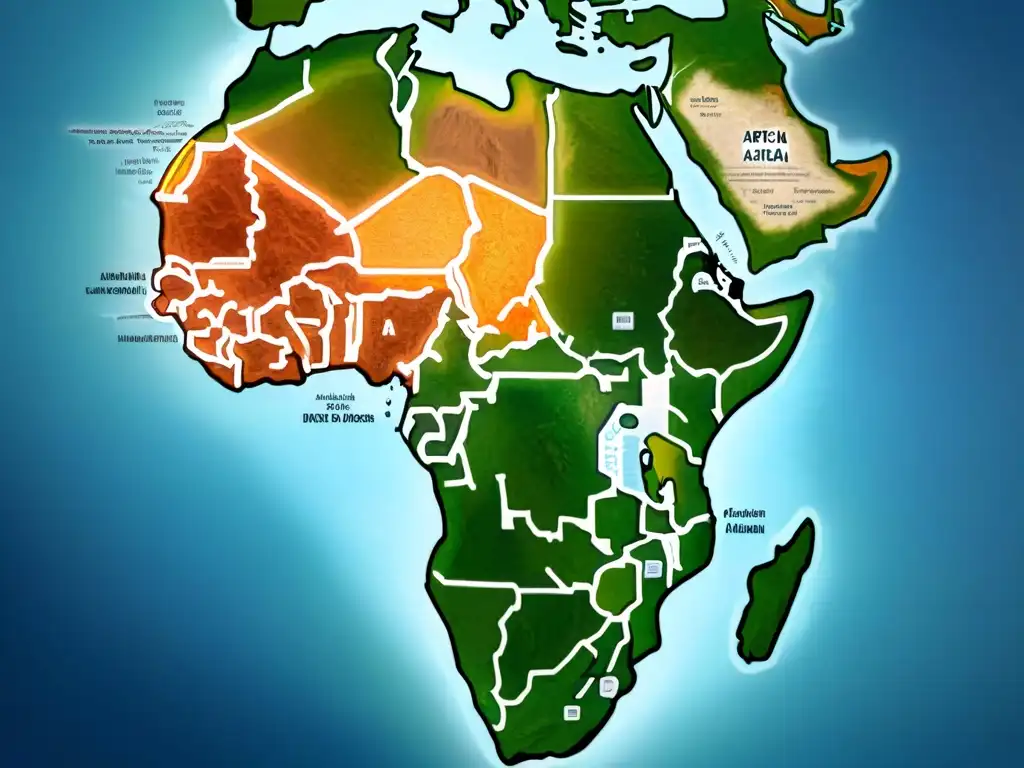 Mapa de enfermedades en África: detallado y antiguo, con nodos brillantes que narran la lucha contra las enfermedades