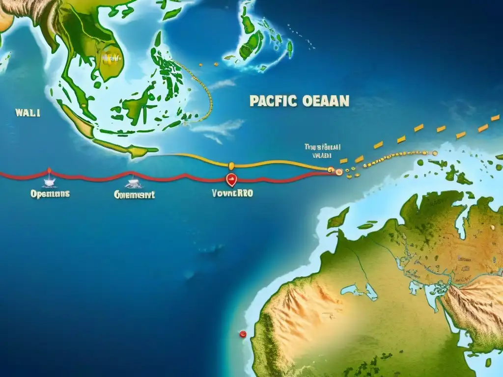 Mapa estratégico detallado del Pacífico en la Segunda Guerra Mundial, con rutas, posiciones militares y operaciones aéreas