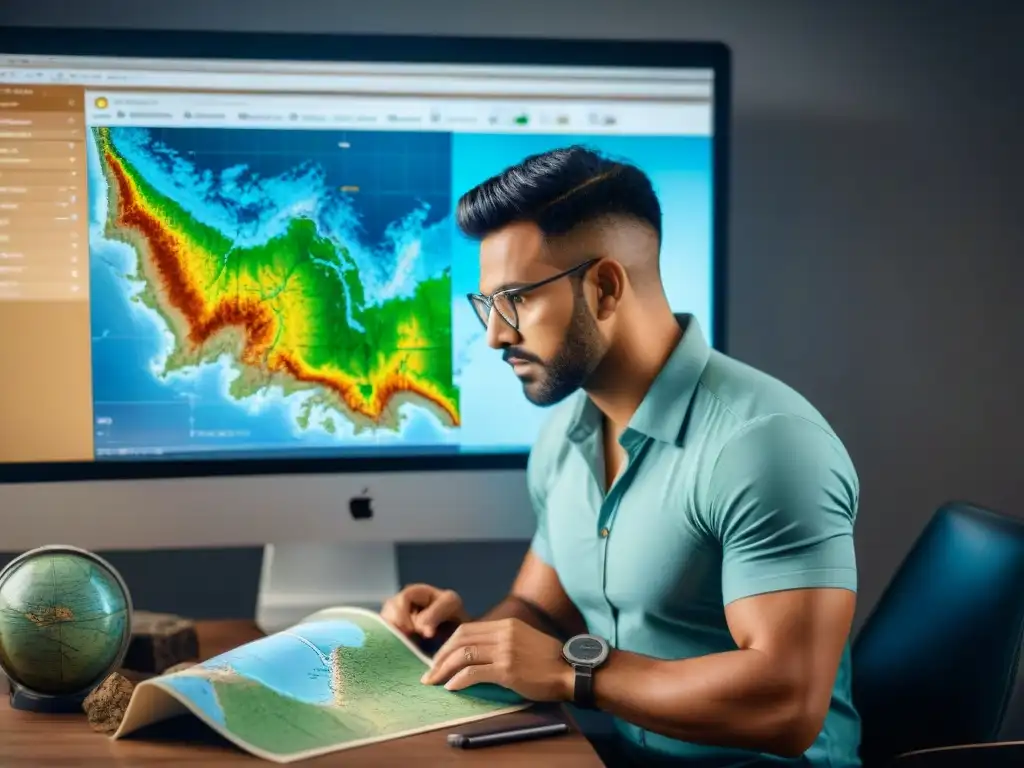 Un geólogo examina detenidamente un mapa geológico en SAGA GIS rodeado de herramientas de análisis geocientífico