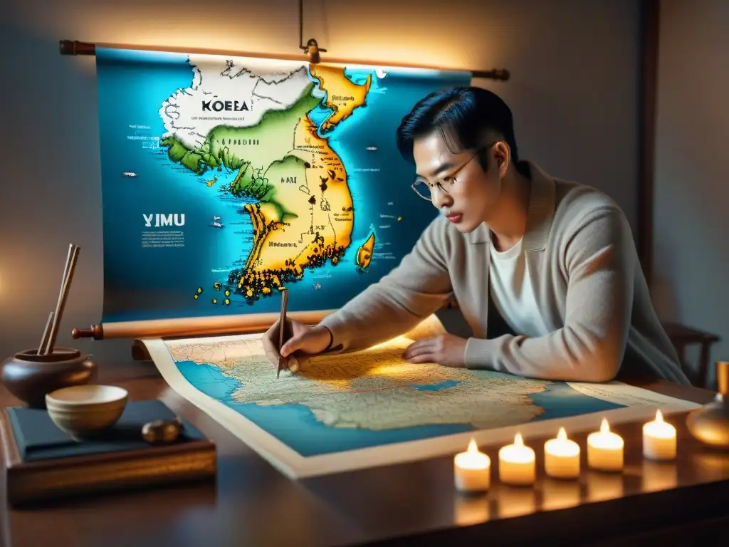 Yi Mu meticulosamente traza un mapa de Corea en una habitación tenue, rodeado de herramientas y pergaminos cartográficos antiguos