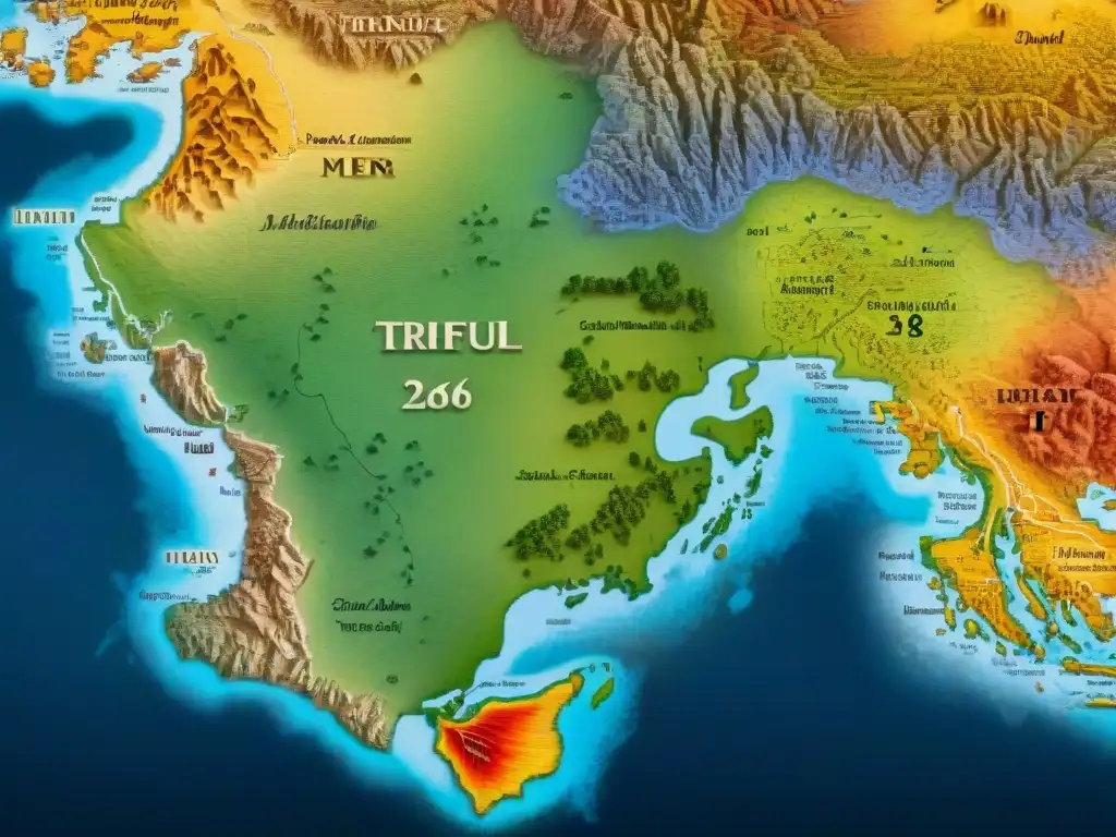 Mapa histórico detallado con caligrafía entrelazada, ilustrando la evolución de la cartografía y la influencia del lenguaje