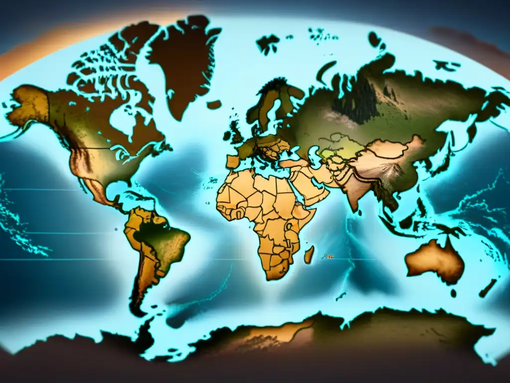 Mapa histórico detallado en 8k mostrando la transformación cartográfica por conflictos, con tonos sepia resaltando las regiones afectadas