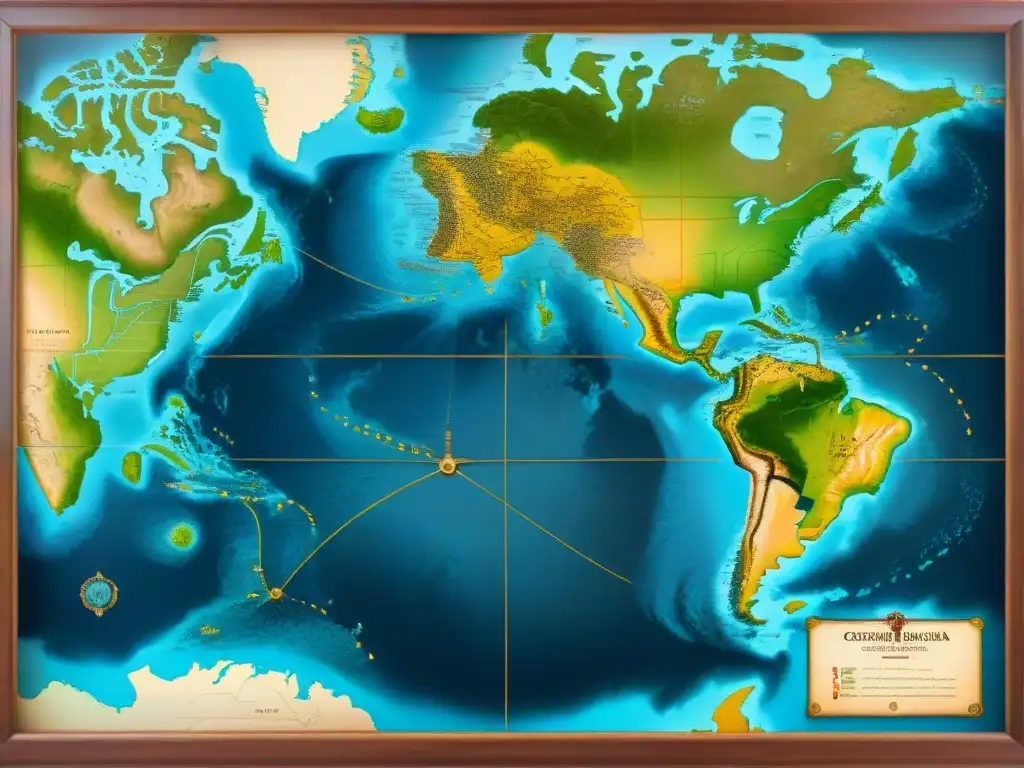 Mapa histórico detallado en sepia de la Era de Exploración con rutas de exploradores famosos, transmitiendo la vastedad de territorios desconocidos