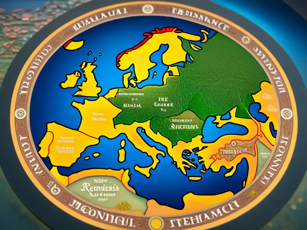 Mapa histórico detallado de la era del Renacimiento, con rosas de los vientos, monstruos marinos y criaturas míticas