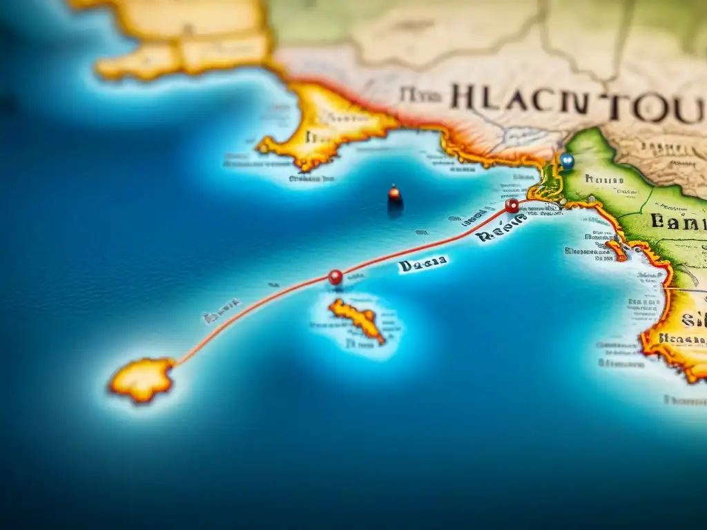 Mapa histórico detallado en sepia con fronteras, rutas marítimas y tierras antiguas