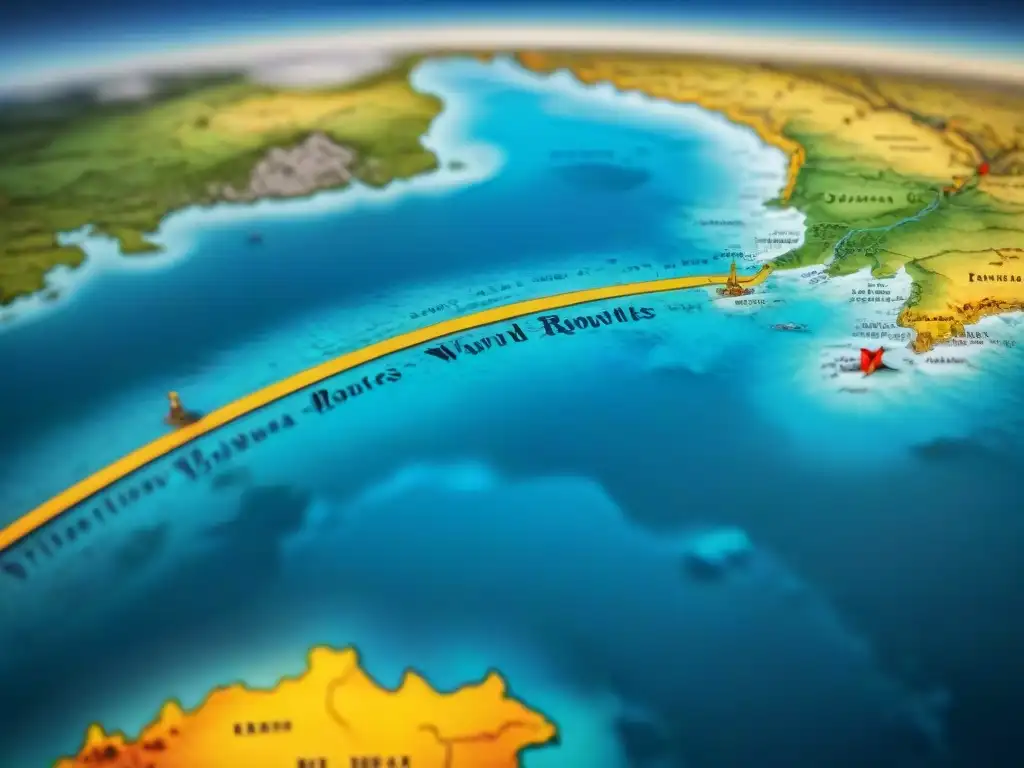 Mapa histórico detallado en sepia en 8k, con monstruos marinos y rutas de navegación antiguas, cartografía y caligrafía