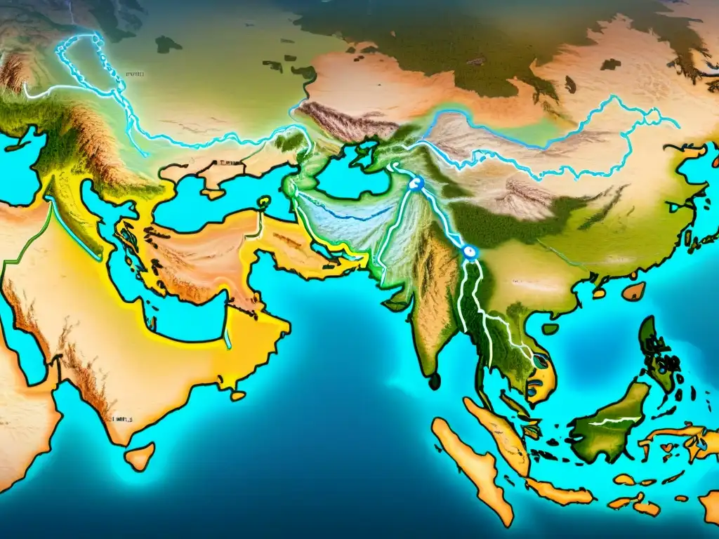 Mapa histórico detallado de la Ruta de la Seda, con ilustraciones de caravanas y mercados animados