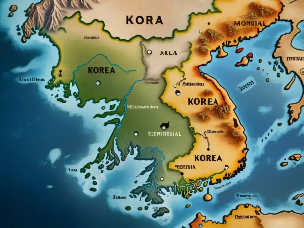 Mapa histórico detallado del siglo XVI mostrando disputas territoriales en Corea, con delicadas fronteras y caligrafía, tonos sepia envejecidos