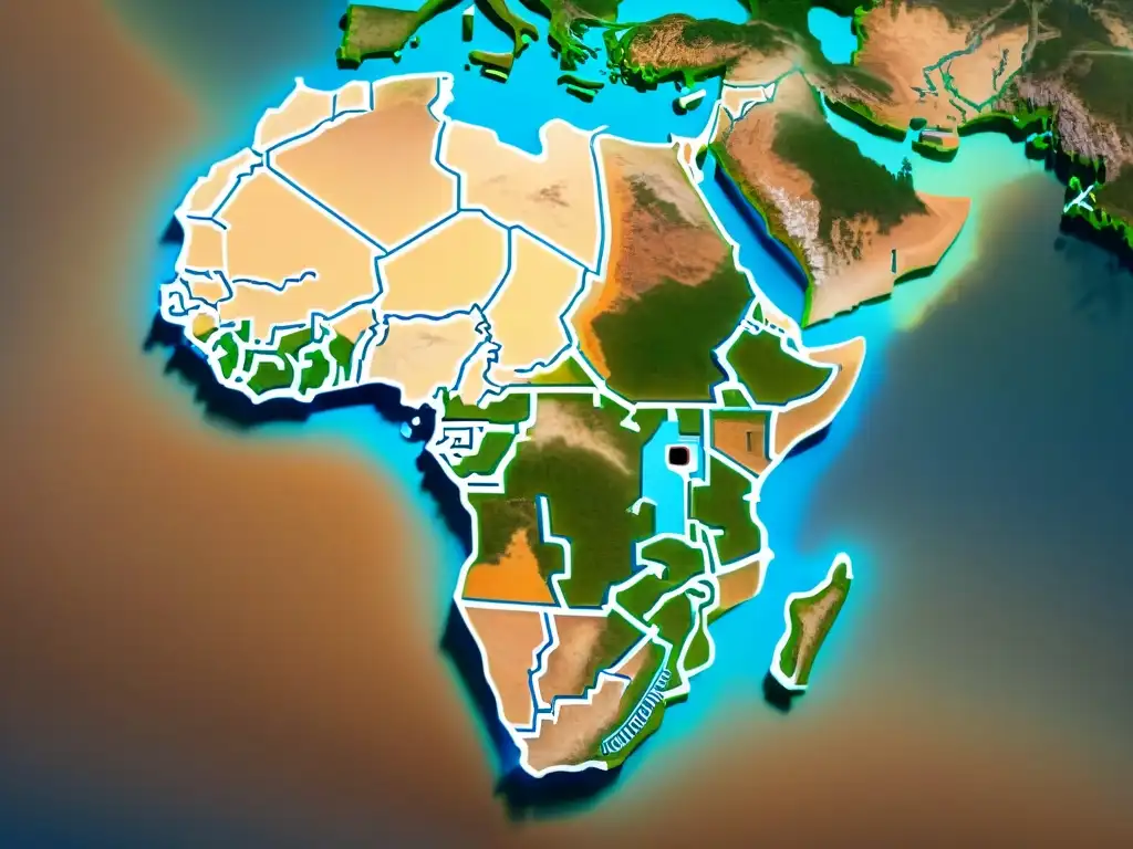 Mapa interactivo de África en cartografía digital con detalles en sepia y elementos de realidad aumentada