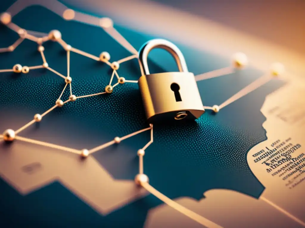 Un mapa intrincado y detallado en sepia con iconos de seguridad digital, representando la protección de datos en mapas interactivos