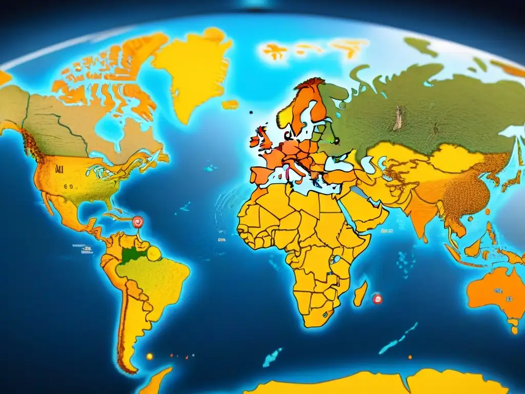 Mapa sepia intrincado que representa movimientos sociales conectados a nivel mundial, con símbolos de activismo y solidaridad