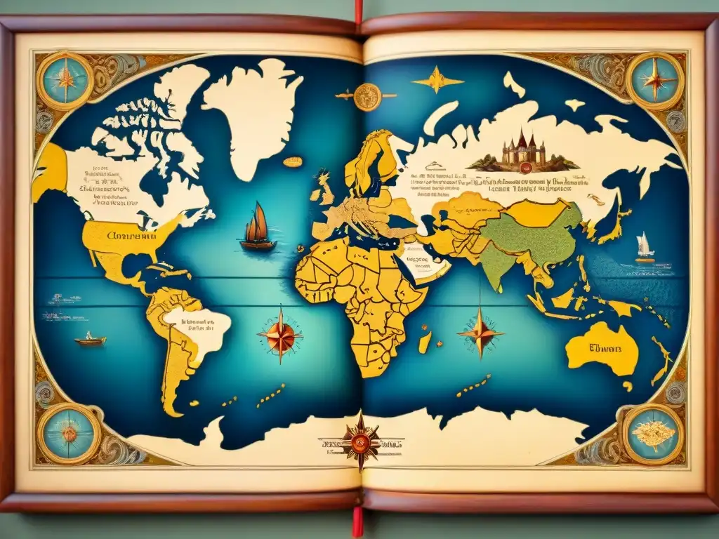 Mapa medieval detallado con criaturas míticas y decoraciones exquisitas Mapa medieval detallado con criaturas míticas y delicada caligrafía en papel envejecido