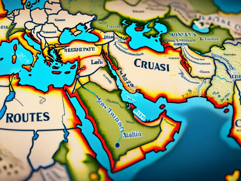 Mapa medieval detallado de Oriente Medio con rutas de las Cruzadas, ciudades y rosas de los vientos ornamentales