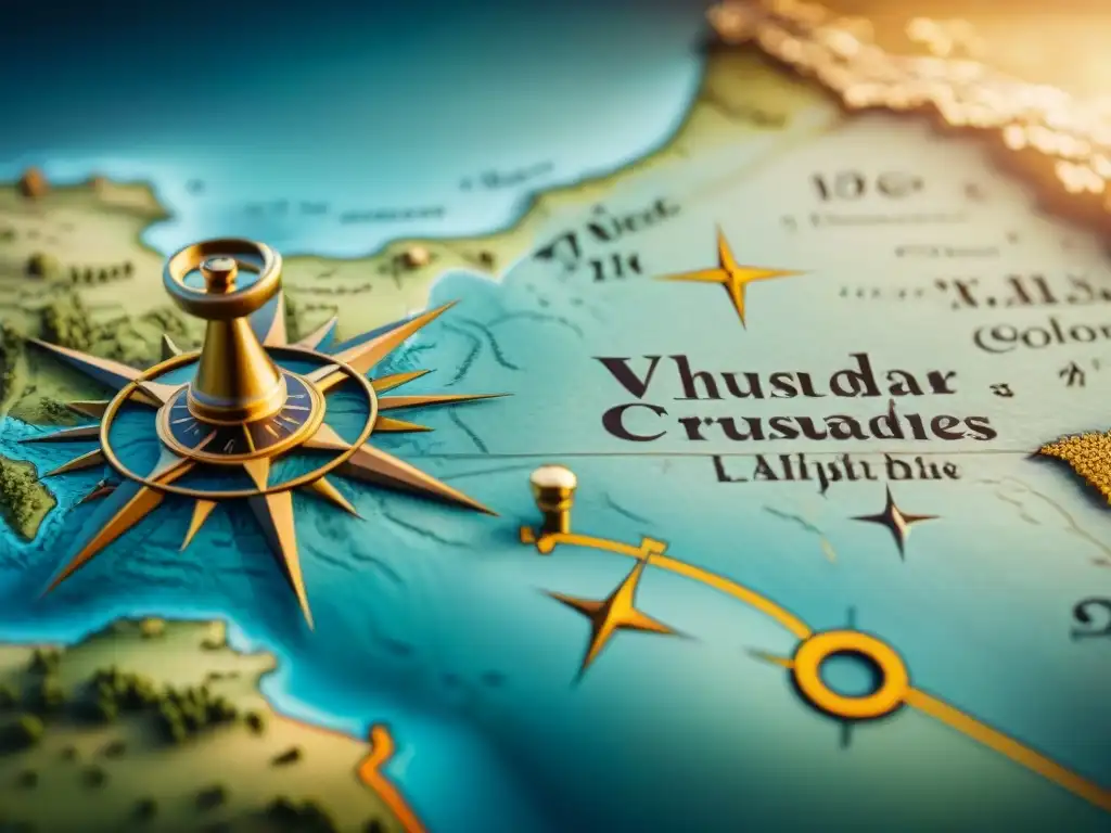Mapa medieval detallado con rutas comerciales y rosa de los vientos Mapa medieval detallado en sepia con rutas de comercio, rosa de los vientos y texto en latín sobre las Cruzadas