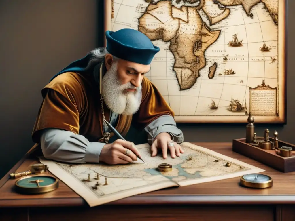 Leonardo da Vinci diseñando un mapa militar detallado en sepia, rodeado de herramientas intrincadas en un escritorio de madera