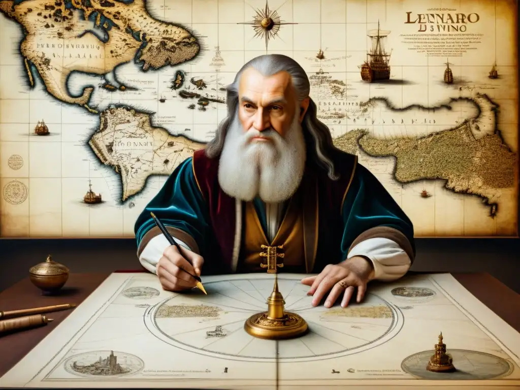 Leonardo da Vinci dibujando un mapa militar, rodeado de herramientas cartográficas, mostrando su genialidad en la cartografía militar en la historia