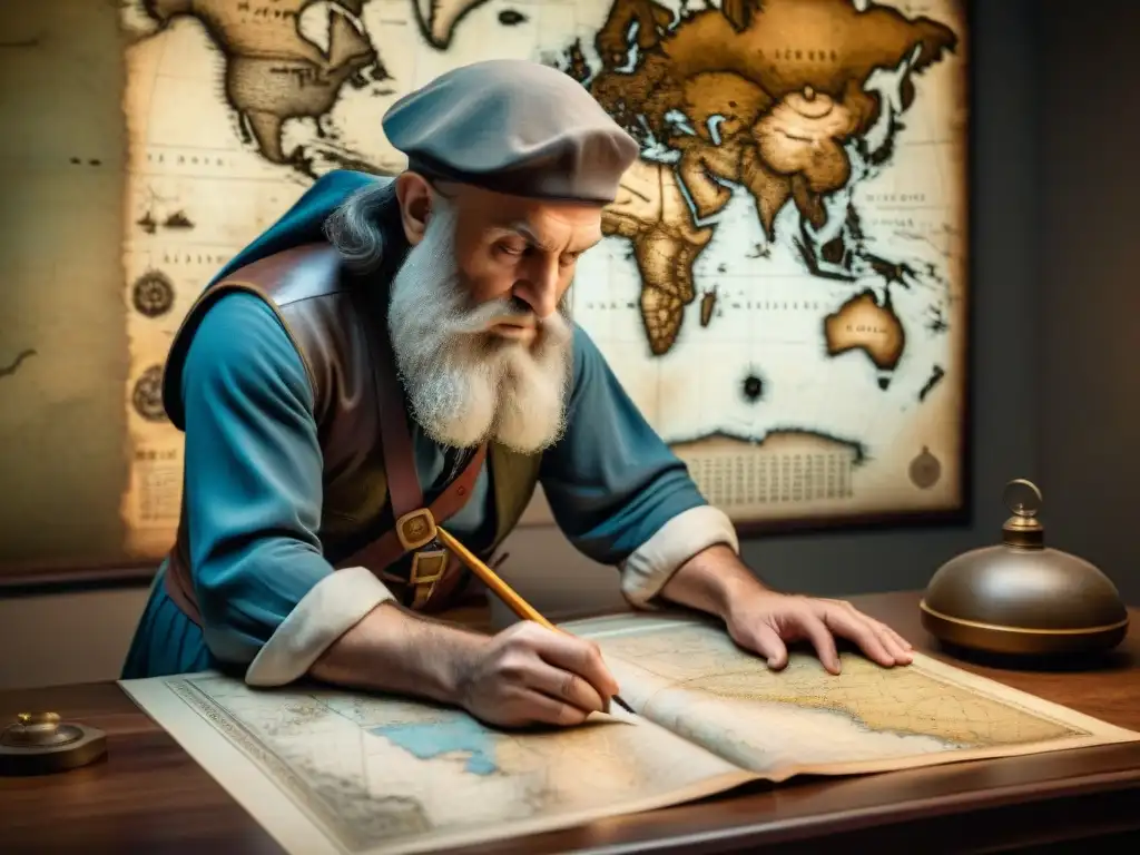 Leonardo da Vinci dibuja un mapa militar rodeado de herramientas de cartografía en una habitación tenue