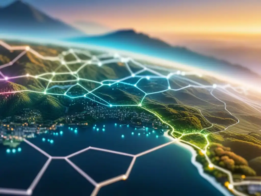 Mapa moderno con Big Data en cartografía, red de puntos interconectados y líneas geoespaciales detalladas en sepia