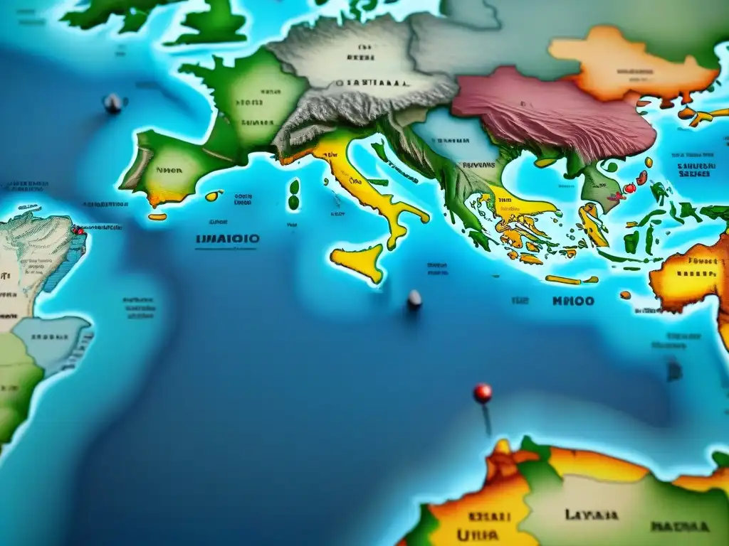 Mapa mundial antiguo con ilustraciones detalladas y distorsiones por manipulación política