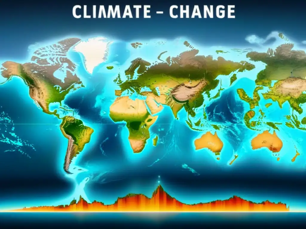 Mapa mundial detallado en sepia con datos sobre cambio climático y herramientas científicas