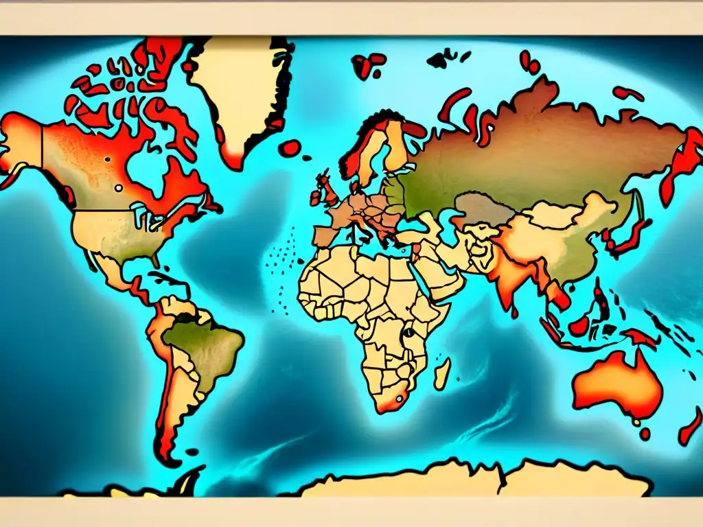 Mapa del mundo detallado en sepia con símbolos antiguos, transmitiendo un aura histórica