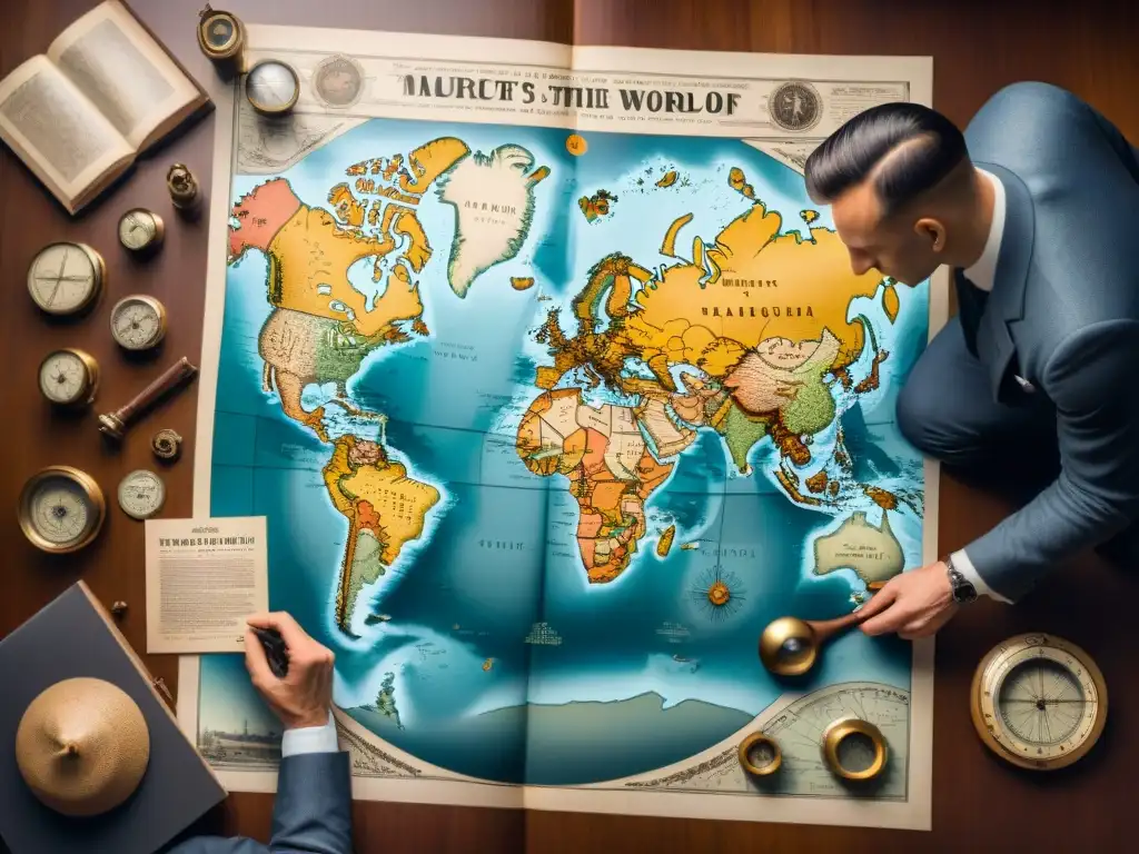 Alfred Wegener examina un mapa del mundo rodeado de herramientas de cartografía, reflejando su espíritu pionero en la teoría de la deriva continental