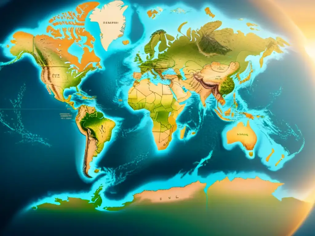 Mapa del mundo vintage en sepia, detallado y antiguo, evocando la evolución de la cartografía digital