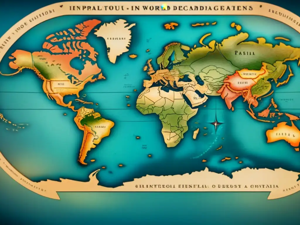 Mapa del mundo vintage en sepia con detalles cartográficos antiguos