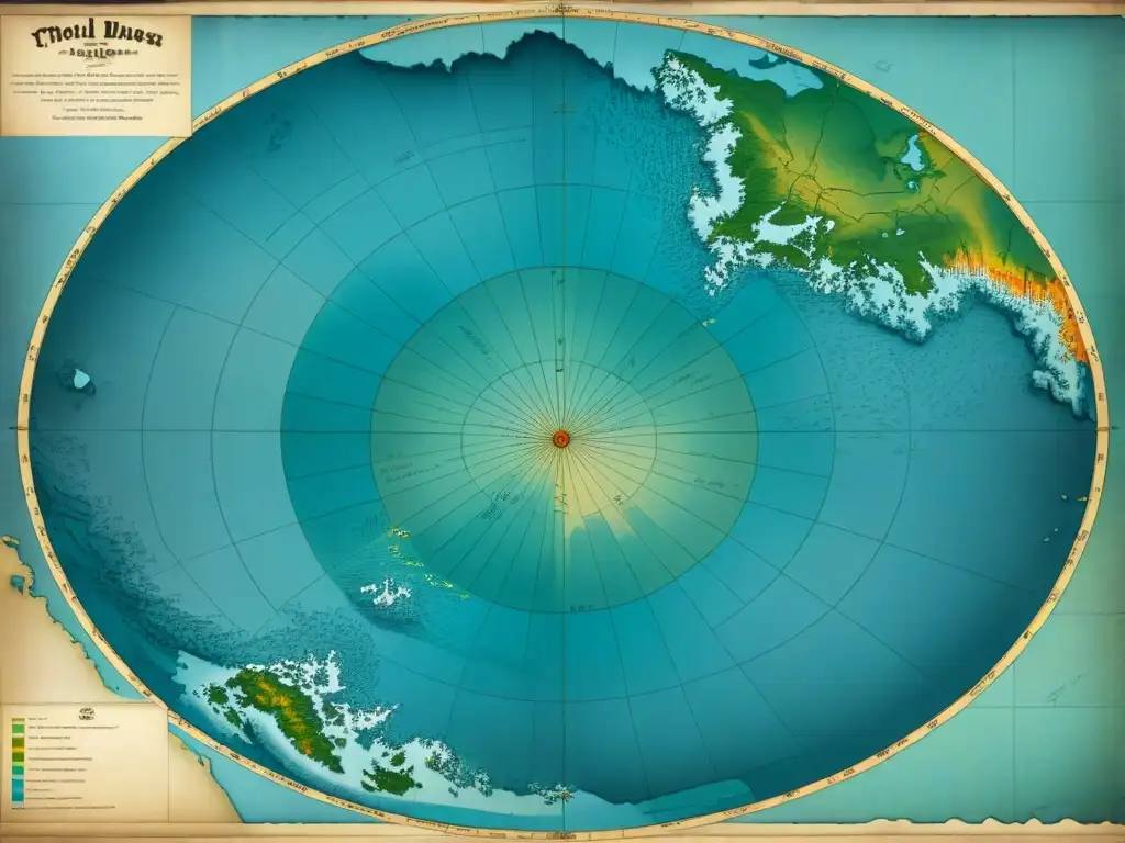 Mapa polar antiguo en sepia con detalles de hielo, corrientes oceánicas y paisajes polares