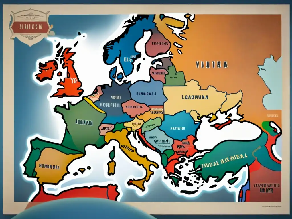 Mapa político histórico del siglo XX con símbolos y eslóganes de propaganda