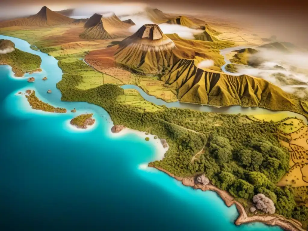 Un mapa precolombino detallado en sepia, con paisajes, ríos y asentamientos, adornado con patrones y símbolos antiguos
