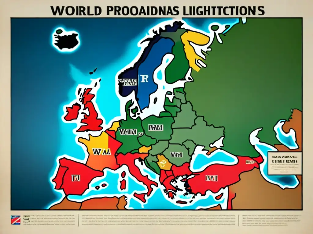 Mapa en propaganda y poder: Detallado póster de la Segunda Guerra Mundial con estratégicos puntos militares y símbolos patrióticos