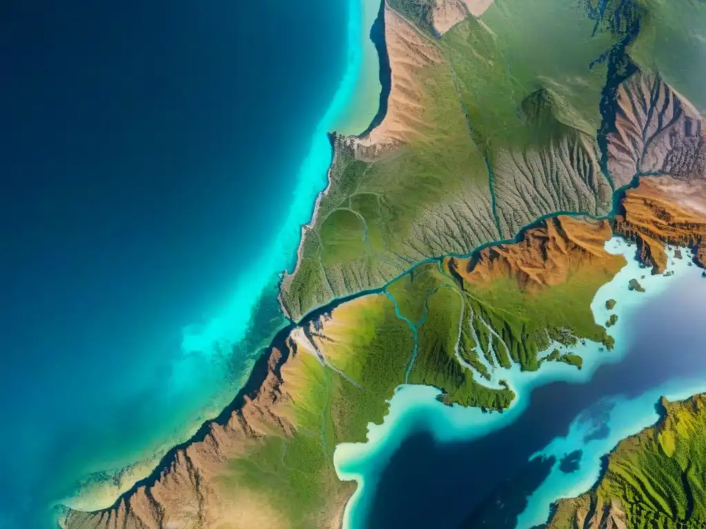 Mapa satelital en sepia mostrando disputas territoriales con líneas punteadas, ríos y montañas como divisores naturales