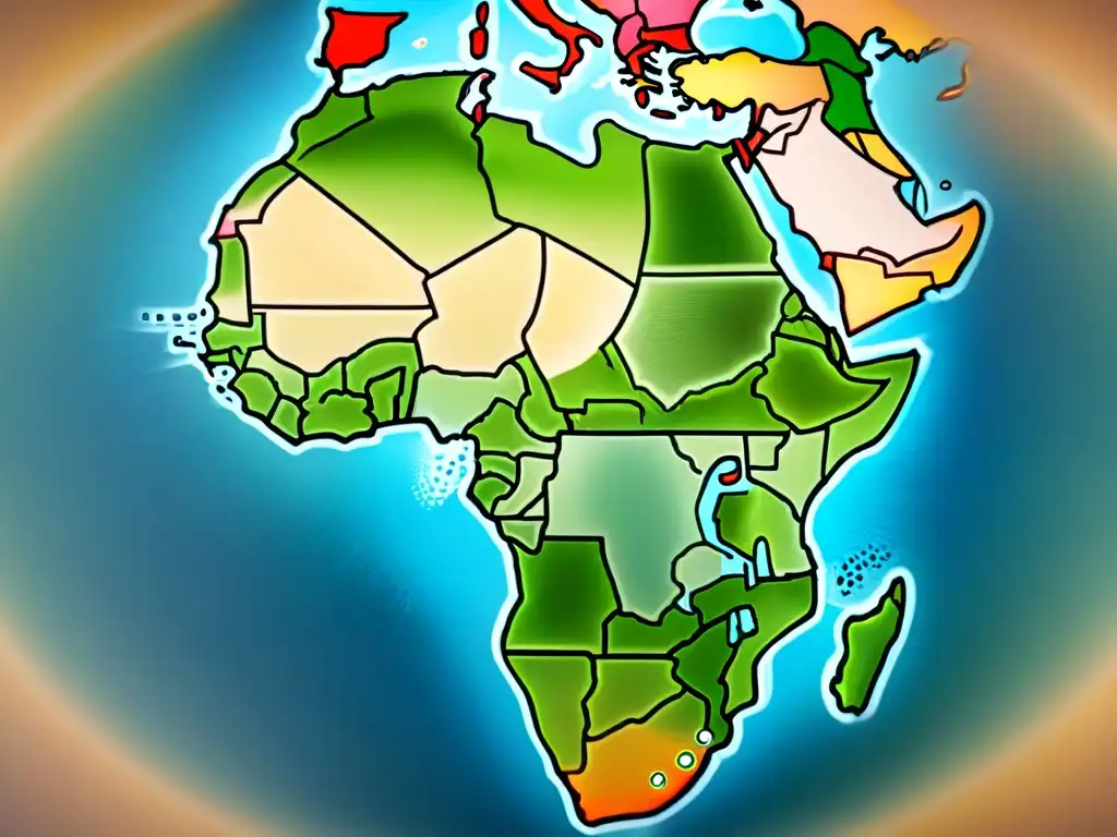 Mapa sepia del siglo XIX destacando las fronteras coloniales impuestas en África, con anotaciones detalladas sobre técnicas cartográficas