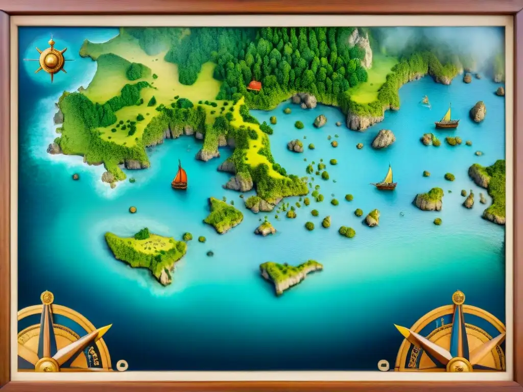 Mapa detallado del siglo XVI con rosas de los vientos y monstruos marinos Mapa sepia del siglo XVI con detalles cartográficos, rosas de los vientos, monstruos marinos y barcos en aguas inexploradas