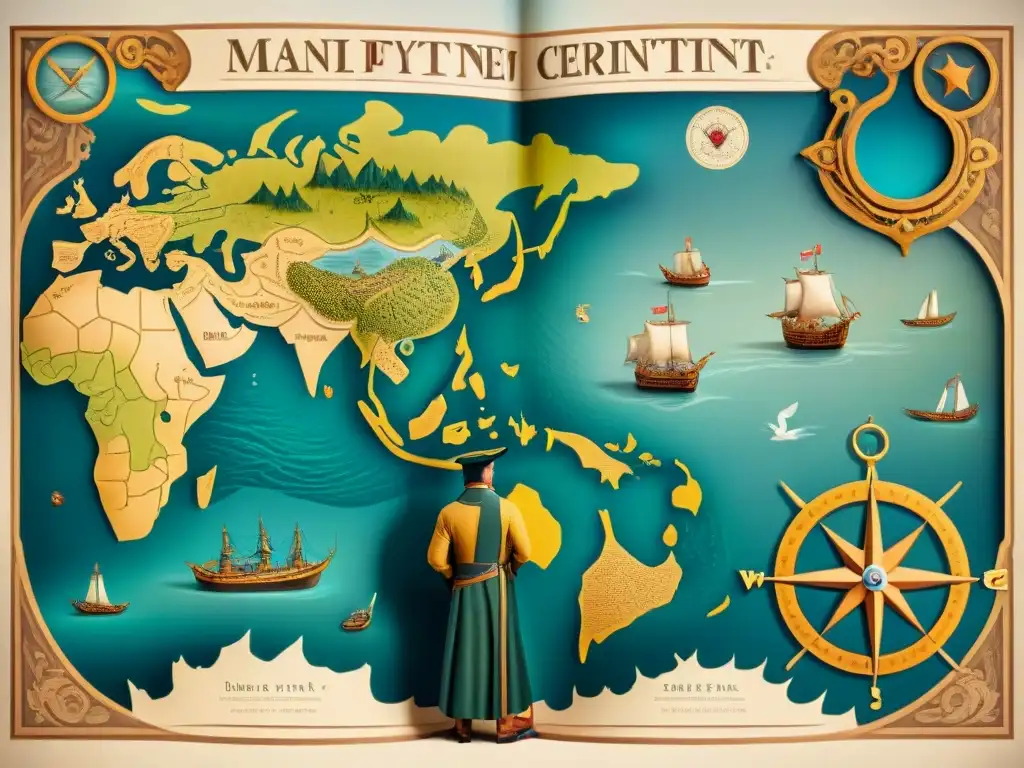 Mapa antiguo del siglo XVIII: maravillas cartográficas y exploración Mapa sepia del siglo XVIII con elementos cartográficos detallados, monstruos marinos y rosas de los vientos