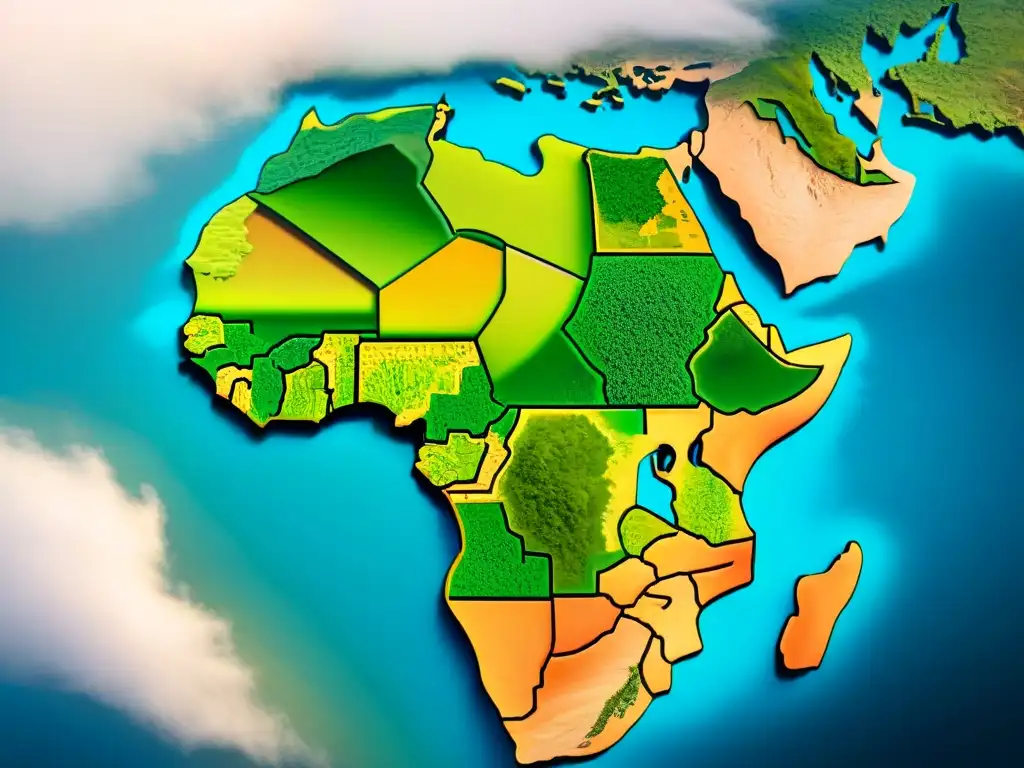 Un mapa temático detallado de África en sepia, resaltando sus temas económicos, religiosos y culturales con ilustraciones intricadas y símbolos