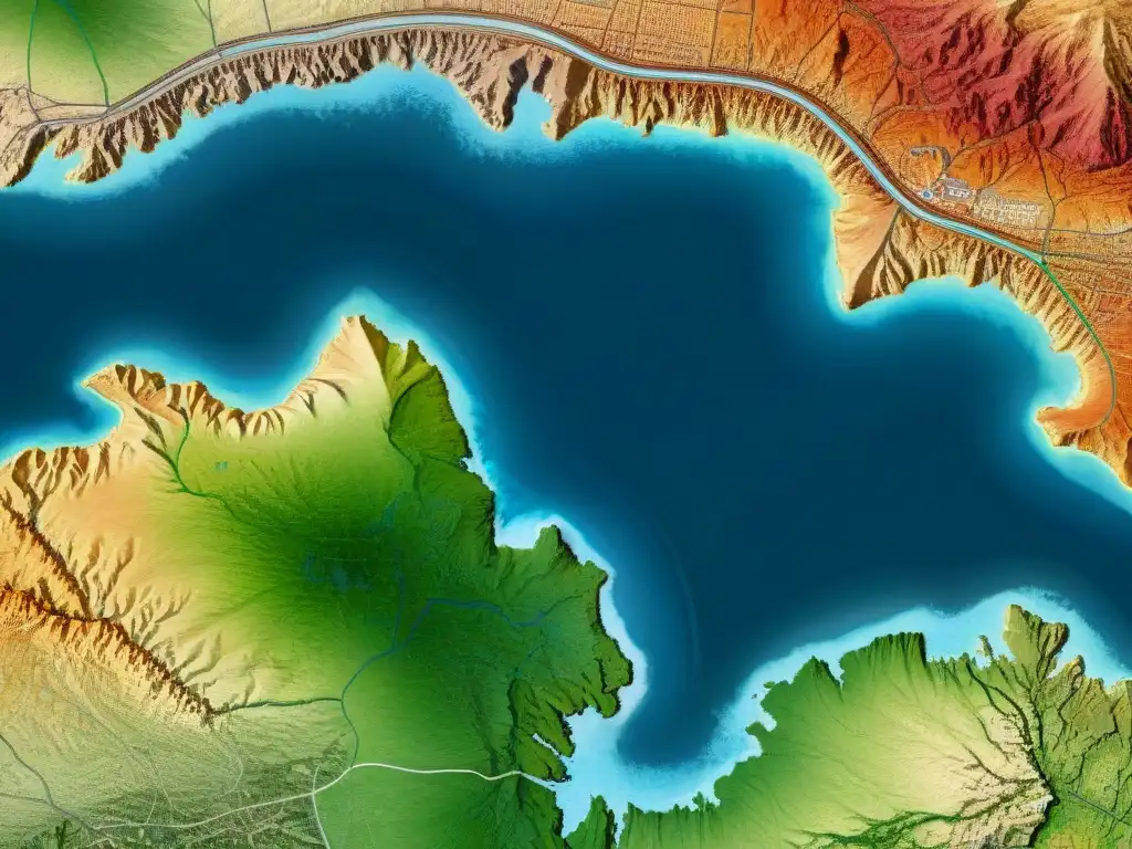 Mapa topográfico detallado en sepia con análisis geoespacial de seguridad nacional digital