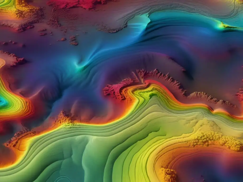 Mapa topográfico detallado con mapas de calor en cartografía, tonos cálidos intensos