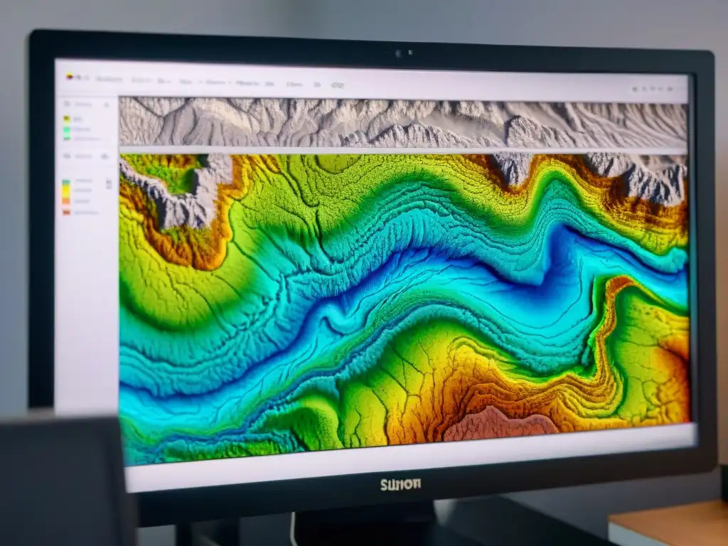 Un mapa topográfico detallado se crea digitalmente en una pantalla de computadora con herramientas de precisión, listo para editar