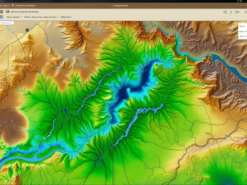 Un mapa topográfico detallado en tono sepia, mostrando líneas de contorno, elevaciones, ríos y montañas en una pantalla de alta resolución