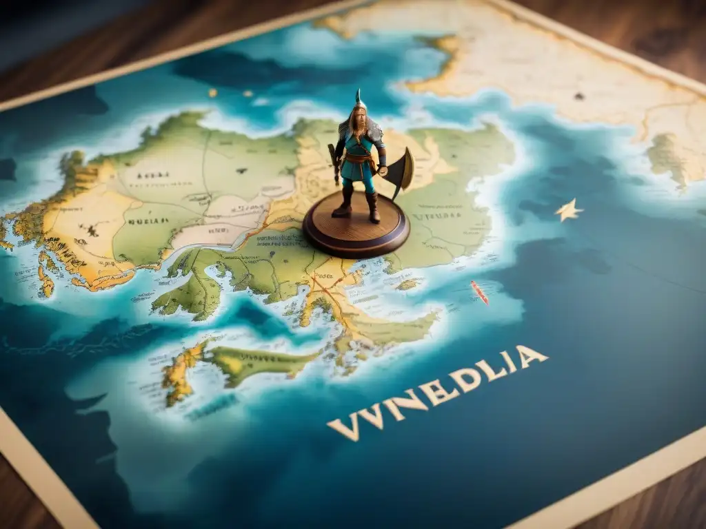 Mapa vikingo de Vinlandia en pergamino, con criaturas míticas y brújula