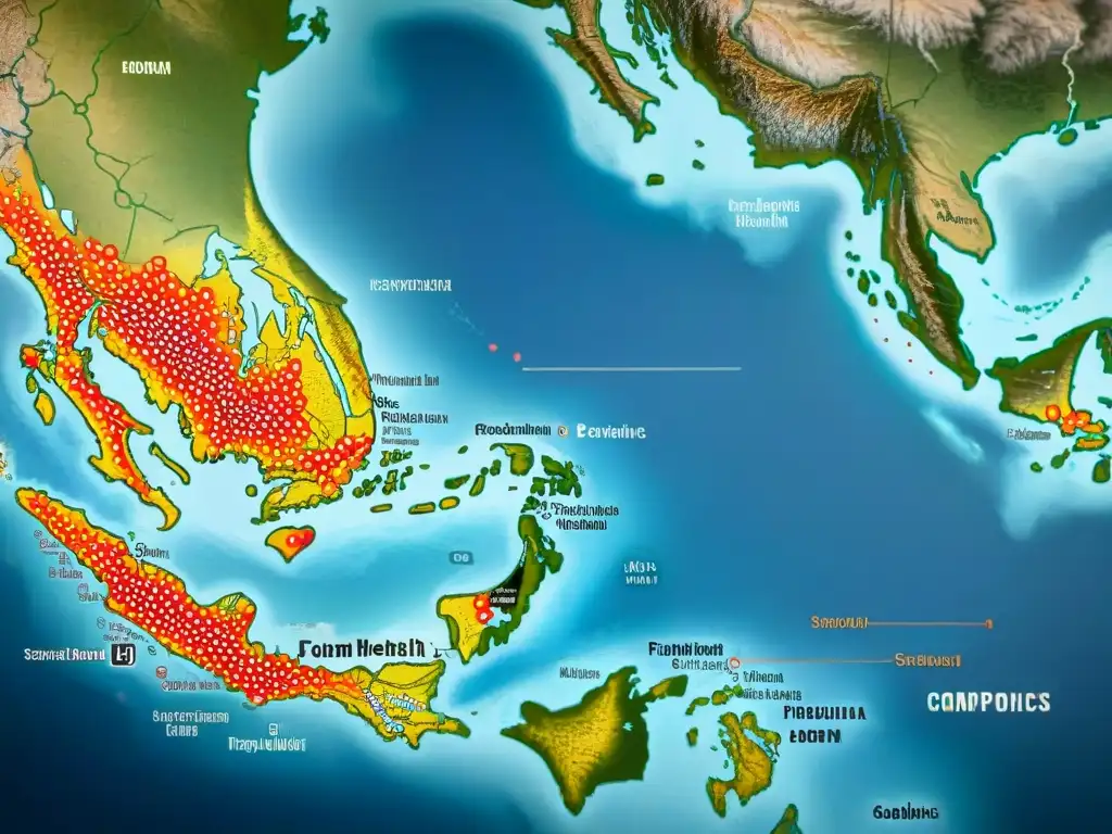 Mapa vintage detallado en sepia con brotes de enfermedades marcados en rojo, destacando la conexión entre cartografía y prevención epidemias