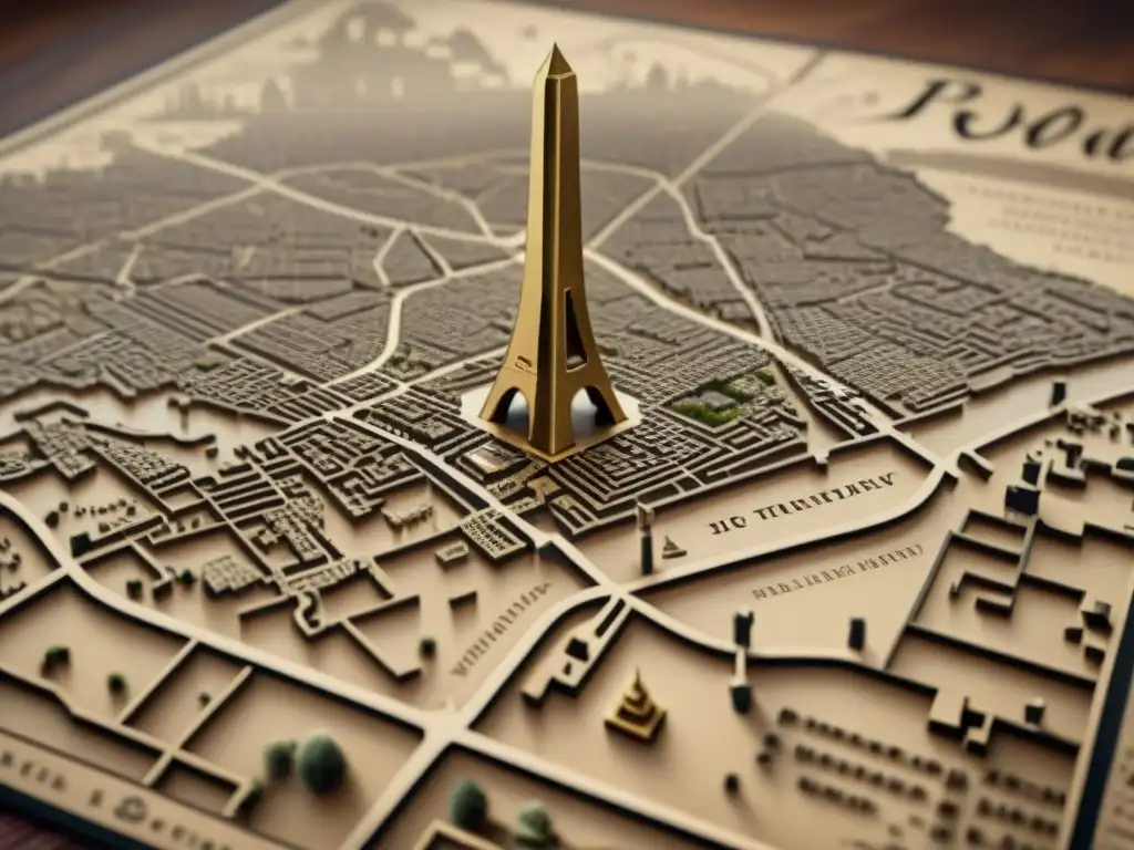 Mapa vintage detallado de una ciudad con tonos sepia, caligrafía delicada y edificios ilustrados