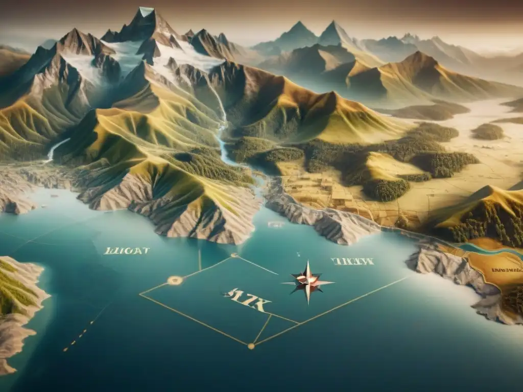 Un mapa vintage detallado en sepia con ilustraciones de montañas y ríos