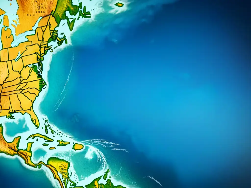 Mapa vintage detallado con líneas costeras, rutas y zonas propensas a desastres naturales